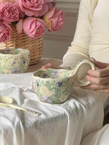 1 tasse en céramique de 450 ml avec anse florale, grande capacité, tasse petit-déjeuner, convient pour les desserts, le lait, la bouillie d'avoine, usage domestique polyvalent - Multicolore - Voir 3