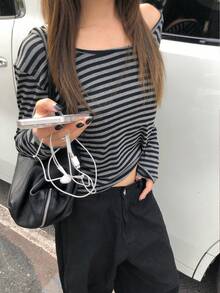 Vintage Striped Fitted Slim Long Sleeve Crew Neck Cropped Top Casual Spring - Grey - View 4