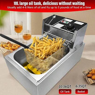LÈRFM [MXBTG-]Freidora profunda eléctrica comercial con control de temperatura, freidora eléctrica de aceite pesado con temperatura ajustable, máquina de patatas fritas, 6l de gran capacidad, comida para el hogar, fiesta, freidora comercial opcional