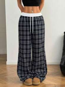 Classic Plaid Contrast Color Waistband Drawstring Straight Leg Loose Pants, Lightweight, Casual, Suitable For Spring/Summer, Can Be Worn Outdoors - Multicolor - View 6