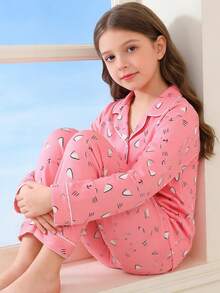 2pcs Tween Girl Pajama Set, Cute Cartoon Cat Pattern, Long Sleeve Cardigan Top And Long Pants, Flame Retardant Knit Fabric, Can Be Worn Outerwear, Suitable For All Seasons, Boys And Girls - 粉色 - 查看 5