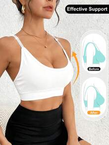 LianShengFa 1pc Seamless Ribbed Criss-Cross Strap Racerback High-Impact Sports Bra, Removable Pads, Soft Breathable Yoga Crop Top, Shiny - White - View 9