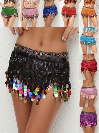 New Women's Belly Dance Hip Scarf 1 Piece With Shiny Sequins Coin Tassel Waist Chain, Suitable For Performance And Practice Dance Costumes