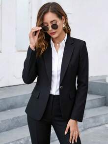 1pc Women's Black Single-Breasted Blazer, Refined Workwear Jacket With High-Quality Washable Fabric, Essential For Job Interviews And Office Wear - Black - View 3