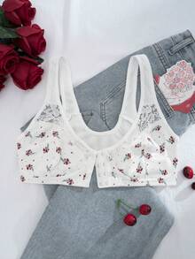 Women's Front Closure Bra, White Lace Patchwork Floral Print, Comfortable - White - View 6