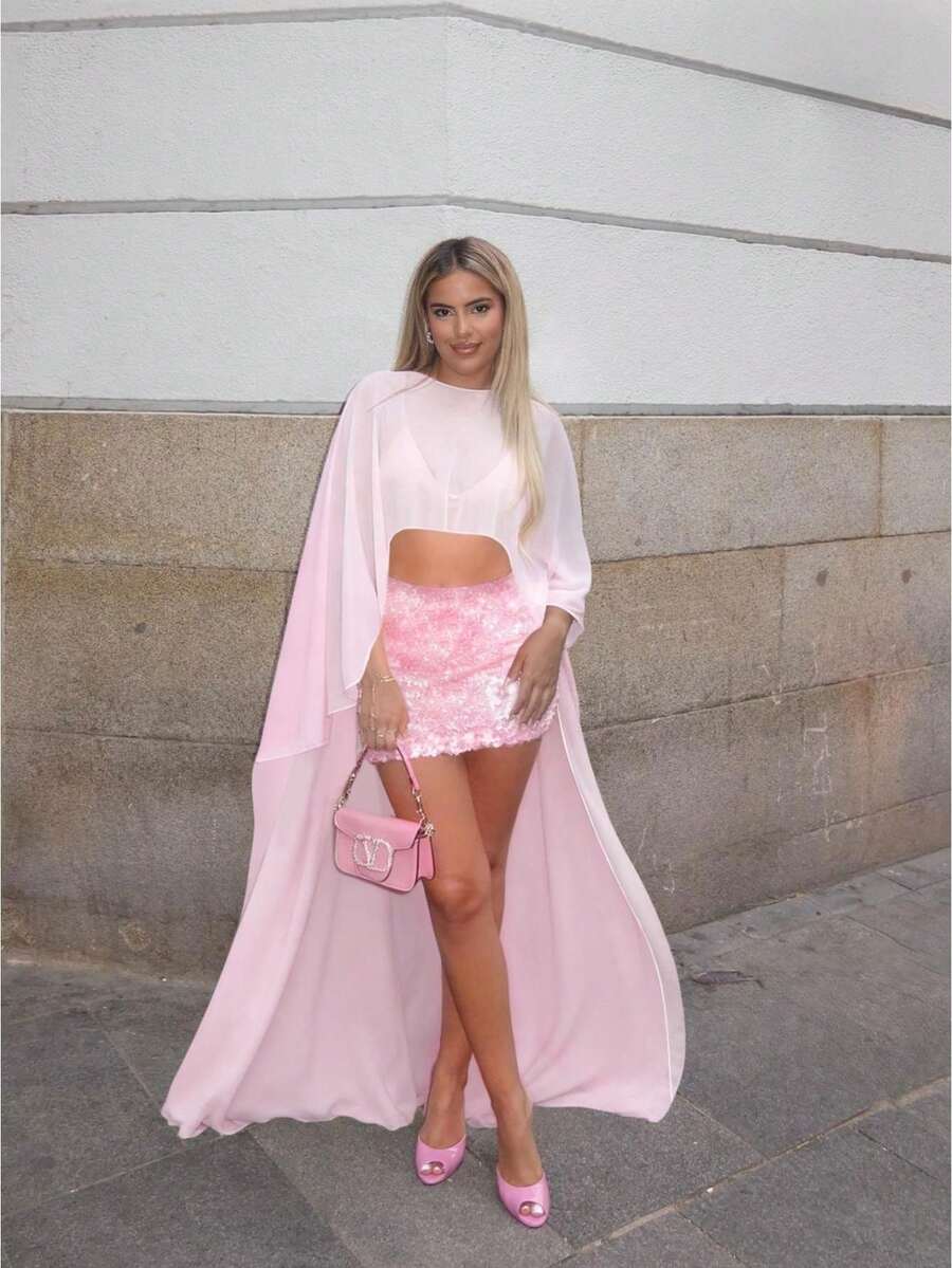 Women Sheer Long Cape Tops - Rosa - Ver 1