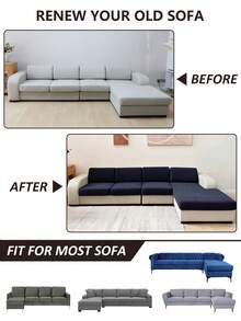 1pc Solid Color Jacquard Sofa Seat Cushion Cover, Elastic Polyester Fiber Removable & Washable Sofa Cushion Slipcover, Suitable For Living Room & Bedroom - Dark Blue - View 8