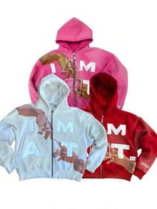 Grunge Punk  Y2k Graphic Zip Up Hoodies For Men Long Sleeve Casual Sweatshirt Jacket - 米色 - 查看 3