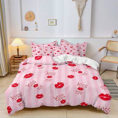 Feelyou Girl Red Lip Pattern Full-Size 7-Piece Bedding Set, Fashion Lipstick Printed Bedding Kit With Duvet & Pillowcases