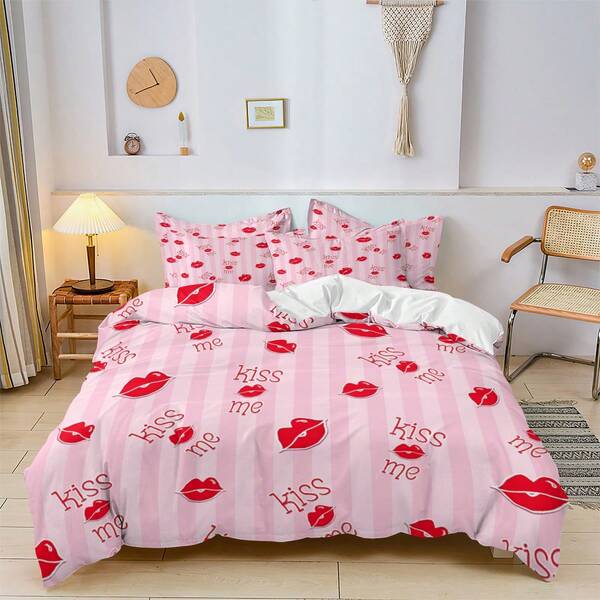 Feelyou Girl Red Lip Pattern Full-Size 7-Piece Bedding Set, Fashion Lipstick Printed Bedding Kit With Duvet & Pillowcases