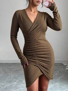 Stylish Long-Sleeved Sparkly Dress-Made İn Turkey - Gold - View 3