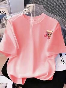 少女卡通印花圆领落肩休闲宽松T恤 - 粉色 - 查看 3