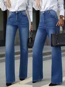 Plus Size Women's Casual Washed Straight Leg Jeans Spring - Blue - View 1