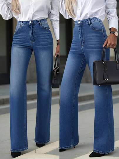 大码女式休闲水洗直筒牛仔裤 春季款