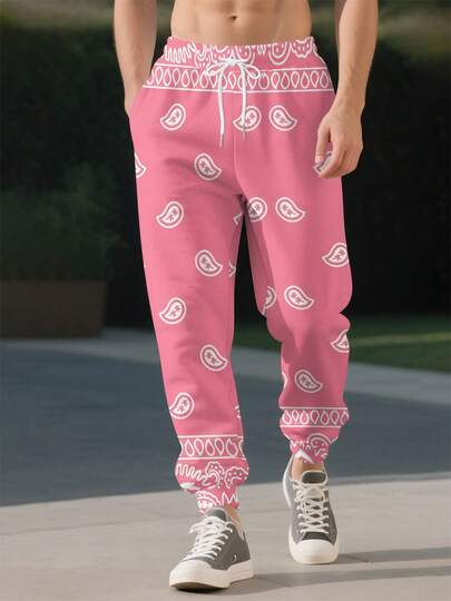 One Pcs Pink Paisley Casual Outdoor Men's Harem Pants With Elastic Waistband, Drawstring, And Pockets.