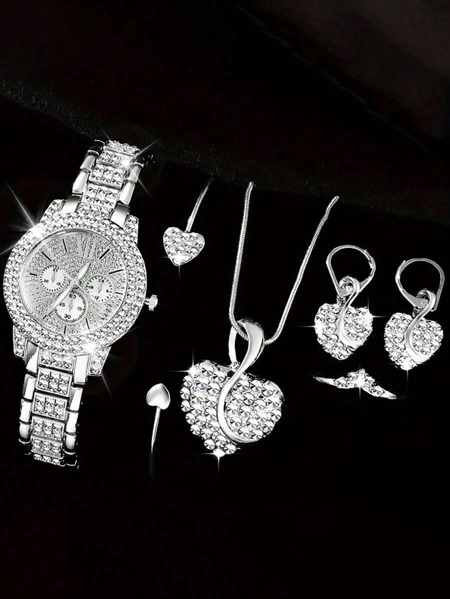 6pcs Luxury Style Women's Alloy Steel Band Quartz Watch, Inlaid Diamonds, Triple Dial Roman Numerals And Alloy Gold Jewelry Set, Heart-Shaped Diamond For Evening Party - Silver - View 1