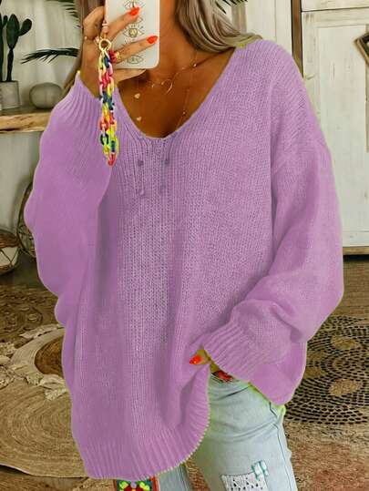 Plus Size Women Elegant V-Neck Sweater , Solid Peacock Blue, Soft Loose Pullover, Casual Semi-Formal, Medium Thickness Comfortable Wear, Versatile Solid Color Long Sleeve V-Neck Pullover Sweater For Home, Autumn/Winter - New Year Essential