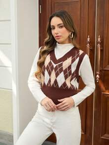 女士菱格纹针织罗纹毛衣背心，商务休闲上衣，毛衣背心，女士上衣，女士毛衣，女士工作装，女士休闲装，适合春、秋、夏季穿着 - 棕色 - 查看 3