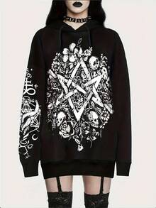 大码女式哥特街头嘻哈高街宽松休闲涂鸦骷髅字母印花连帽卫衣，适合万圣节和日常穿着