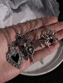 5pcs Punk Hip Hop Necklace Set, Including Heart, Spider, Skull, Cross Pendant Necklaces, Layerable, Adjustable, Suitable For Men, Great For Valentine's Day, Party, Holiday Gifts, Friends - Main Image 5-piece Set - View 2