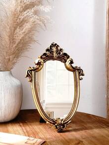 1 chiếc gương trang trí hình dáng bất thường, kiểu dáng cổ điển châu Âu, họa tiết hoa vàng, có thể treo tường hoặc đặt trên bàn, kiểu dáng cung điện châu Âu, thích hợp để trang trí tường nhà hoặc làm gương trang điểm (chỉ khung). - Vàng - Xem 4