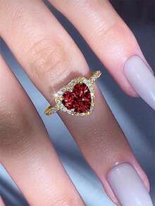 1pc Cubic Zirconia Embedded Charm Ring, Suitable For Women As Valentine's Day Gift, Wedding Anniversary Gift Or Party Accessory - Gold + Red - View 6