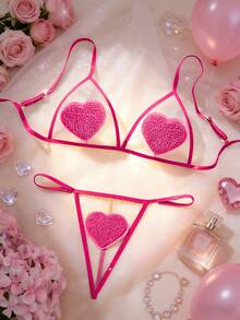 Valentine's Day New Red Love Bra Set Sexy Underwear Suit Perspective Mesh Low Waist Sexy Thong Sexy Lingerie For Women - Hot Pink - View 9