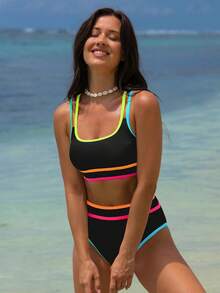 2026 Womens High Waisted Bikini Sets Color Block Two Piece Swimsuit Square Neck Crisscross Back Bathing Suit Swimwear Beachwear - 黑色 - 查看 4