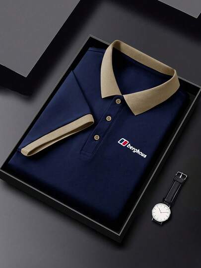 1PC Spring And Summer Men's Short Sleeved Polo Shirt With Simple Letter Printing, Fashionable Leisure, Classic Light Business, High-End Venue, Golf, Snooker, Interview, Date, Dinner, Comfortable And Breathable