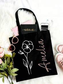 Custom Name Personalized Polyester Knitting Jute Pattern Tote Bag, Line Flower And Grass Pattern Design,White,Black, With Fixed Shoulder Strap, Machine Washable, For Vacation, Travel, Girl, Book Bag, Harajuku,Send Birthday And Holiday Gifts To Family And Friends,Valentine's Day, Ramadan - Multicolor - View 7