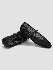 ADAMUMU Flat Shoes, Fashion Women's Ballet, Embroidered Lace Mesh Fabric Fashion Dance Shoes, Solid Color Breathable Casual Flats, Square Toe Light Color Flat Shoes, Fashionable And Comfortable - Black - View 3