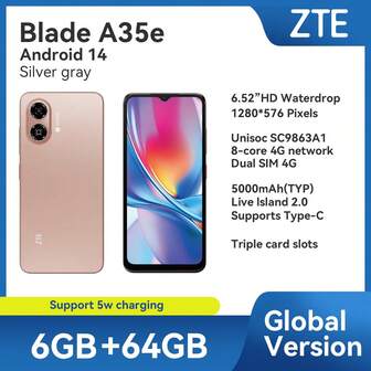 ZTE 中兴，智能手机，Blade A35e 银灰色，已解锁，Android 14，（2GB RAM+4GB Fusion）+ 64GB ROM，5000mAh 电池，双 SlM 4G，4G LTE，全球版本