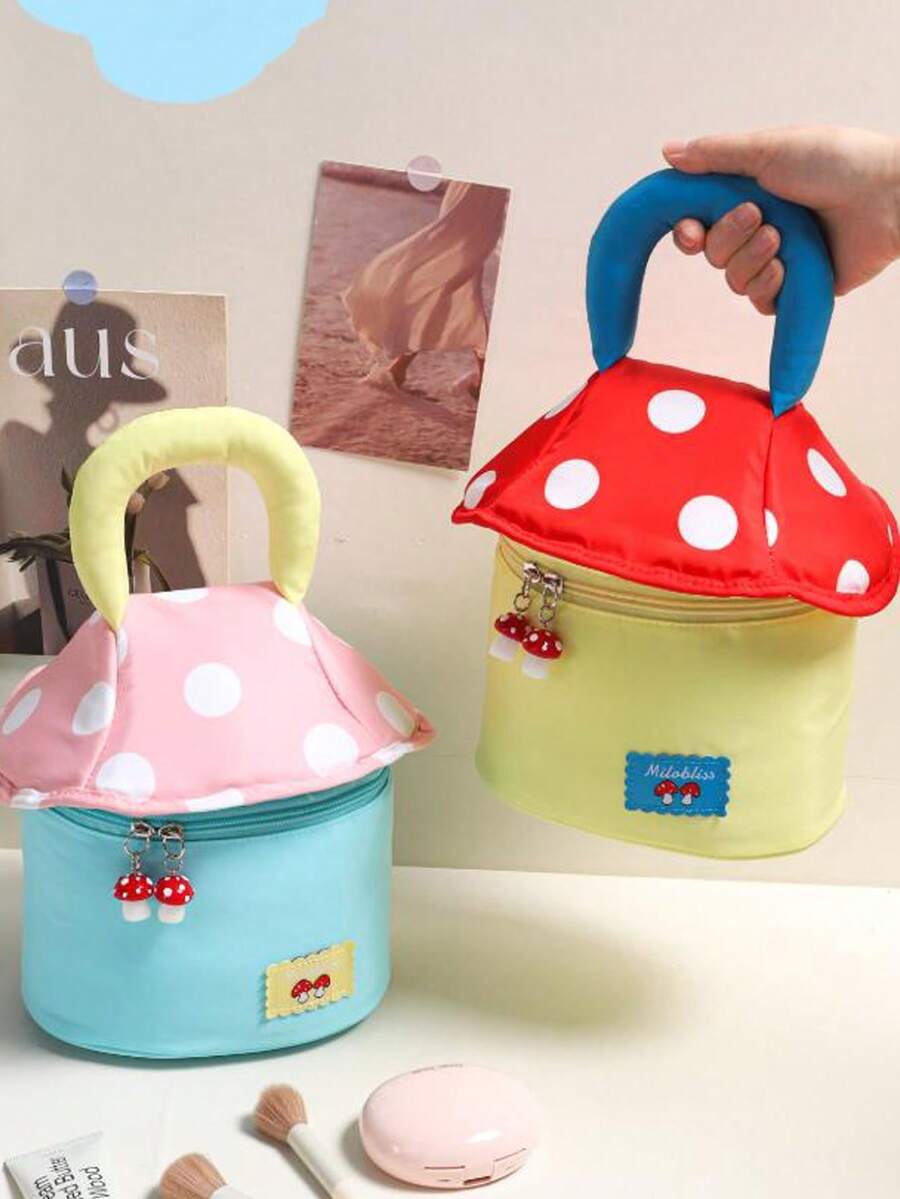 1pc Cartoon Mushroom Cosmetic Bag, Mushroom Pattern, Waterproof & Portable, Featuring Schneider Zipper Design, Minimalist Style, Travel Toiletry Bag, Travel Organizer, Women's Bathroom Storage Bag, Mother's Day Gift, Beach Bag, Beach Essential, Beach Towel Storage Bag, Beach Accessories, Holiday Bag, Women's Gift, Christmas Gift, Valentine's Day Gift - Multicolor - View 1
