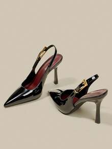 Women's Black Patent Leather Pointed Toe Kitten Heel Pumps, Elegant Formal Fashion Closed Toe Party Dress Shoes With Ankle Strap