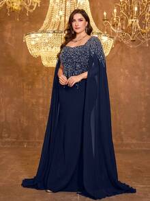 UNITHORSE 女士方领超长袖刺绣修身亚麻针织晚礼服 - 藏蓝色 - 查看 3