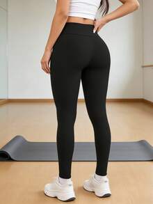1条女士加大码百搭纯色修身七分裤，高弹力超柔软亲肤面料，适合健身、瑜伽、运动及日常休闲穿着，四季皆宜 - 黑色 - 查看 5