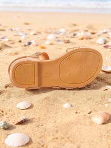 1 Pair Girls' Sandals, 3D Sparkling Rhinestone Butterfly Decor With Hook And Loop Closure, Faux Leather Material, Non-Slip And Easy On/Off, Open Toe Flat Style, Elegant And Fashionable, Suitable For Summer Beach Vacation And Strolling - Rose Gold - View 6