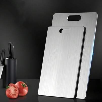 1 Pc - Titanium Alloy Cutting Board, Available In Mini, Small, Medium And Large Sizes. Double-Sided Design To Separate Raw And Cooked Food. Hygienic, Durable, Non-Stick, Suitable For Home Kitchen And Camping Use. Portable, Corrosion-Resistant, Long-Lasting.