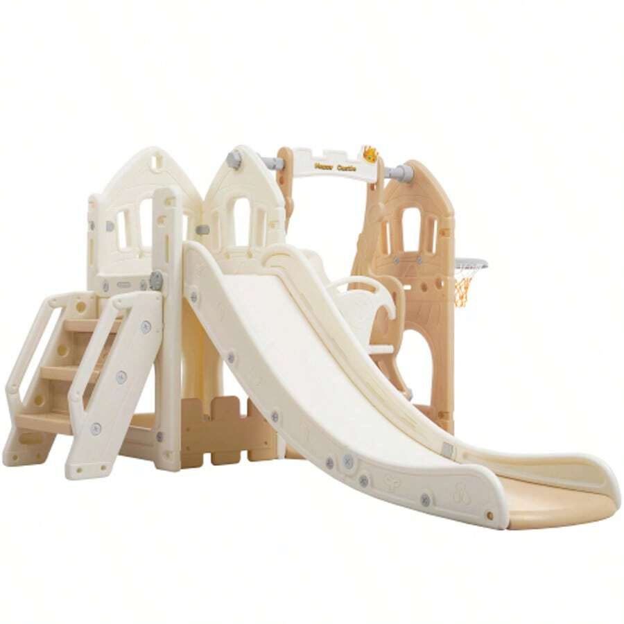 Children's Slide Set With Swing, 5 In 1 Children's Slide, Slide, Climbing Frame, Storage Space, Swing, Basketball Hoop, Swing Slide For Indoor Use - 棕色 - 查看 1