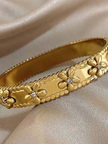1Pc Elegant Gold Stainless Steel Flowers Bangle Bracelet For Women, 18K Gold Plated, Round Rhinestone Decor Design, Daily Causal Party Jewelry Accessory Valentines Birthday Mother's Day Gift - 金色 - 查看 4