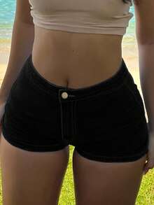 Shorts Vaqueros Elásticos de Talle Alto - Esencial de Moda para un Verano Cómodo y Elegante - Negro - Ver 3