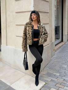 女士奢华豹纹仿皮草外套，优雅皮革饰边拉链毛绒大衣，时尚黑帮妻子美学嘉年华派对夜生活时尚蓬松毛绒外套 - 彩色 - 查看 5