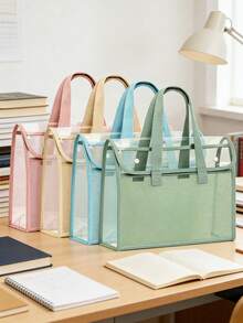 2026 Upgraded Version Large Capacity Transparent Waterproof PVC Handbag With Expandable Mesh Storage Bag - Portable For Office Supplies, School Files And Other Documents - Available In Pink, Green, Blue, Khaki, Also Comes With Document Storage Bag. Fashionable Storage Bag, PVC Material. - Multicolor - View 3