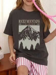 1pc Casual Pullover Short Sleeve T-Shirt For Teenage Girls, Suitable For Beach And Seaside Activities - Dark Grey - View 2