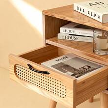 Buró Mesa De Noche Para Recámara Con Estante Y Cajón En Ratán Natural Color Madera Clara Café, Buró Multifuncional para Dormitorio y Sala de Estar - Marrón - Ver 6