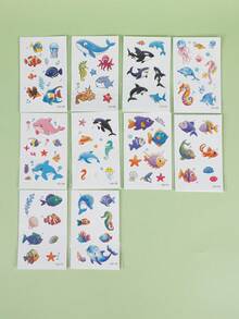 10pcs Temporary Tattoo Stickers, Cartoon Ocean Animal Pattern, Glow In The Dark, Sweat-Resistant, Disposable, Suitable For Face, Arms, Waist, Chest, Legs, Abdomen, Neck, Hands, Fingers, Back, Etc., Ideal For Dance Party Stage Performance, Modern Body Painting - Multicolor - View 2