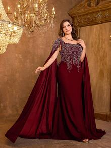 UNITHORSE Women's Square Neck Extra Long Sleeve Embroidered Fitted Linen Knit Evening Dress - Burgundy - View 1