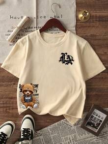 1pc Boys' Casual Teddy Bear Print Round Neck Short Sleeve T-Shirt, Summer Student Youth Clothing - Apricot - View 2