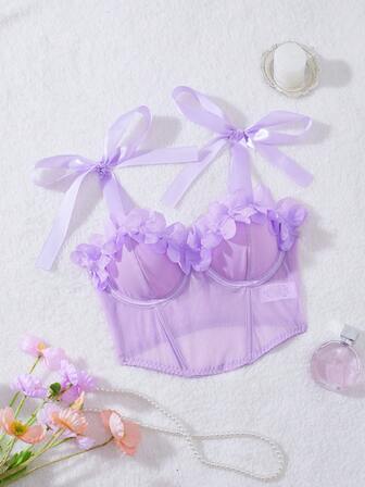 Thin Mesh Bow Tie Floral Camisole With Underwire, Supportive & Fitted Soft Lingerie Top