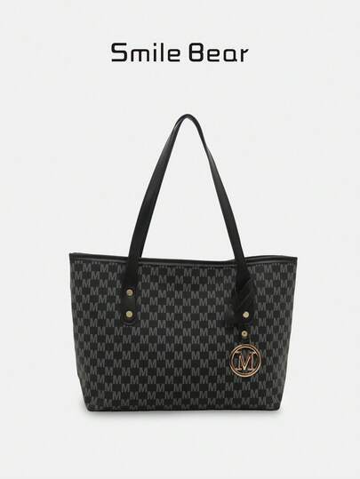 Fashionable Geometric Pattern Foldable Tote Bag, Large Capacity, With Mini Wallet, Suitable For Girls And Women For Shopping, Commuting And Travel, Retro Style Handbag/Backpack